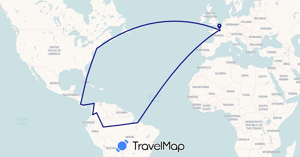 TravelMap itinerary: driving in Brazil, Colombia, Costa Rica, France, Panama, United States (Europe, North America, South America)