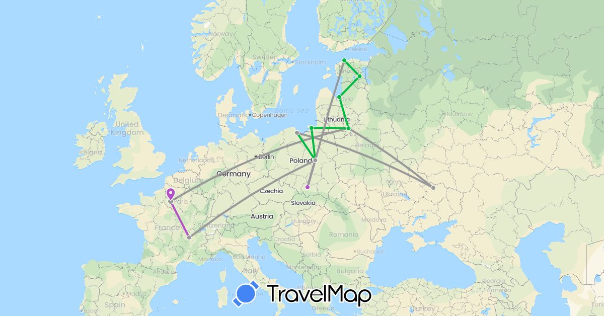 TravelMap itinerary: bus, plane, train in Estonia, France, Lithuania, Latvia, Poland, Russia, Ukraine (Europe)