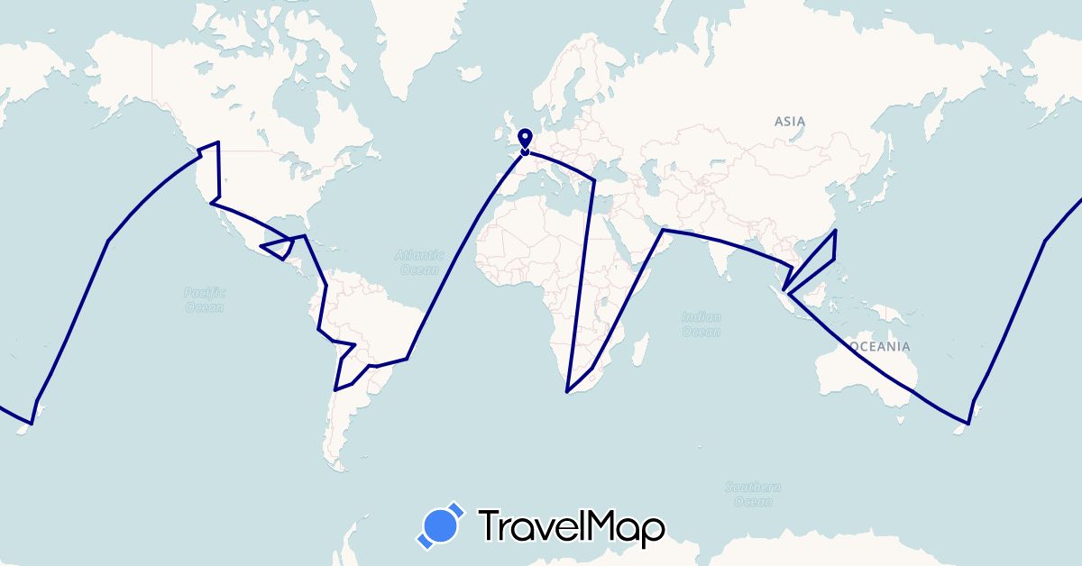 TravelMap itinerary: driving in United Arab Emirates, Argentina, Australia, Bolivia, Brazil, Belize, Canada, Chile, Colombia, Cuba, France, Guatemala, Cambodia, Mexico, Malaysia, New Zealand, Peru, Philippines, Paraguay, Singapore, Thailand, Turkey, Taiwan, United States, South Africa (Africa, Asia, Europe, North America, Oceania, South America)